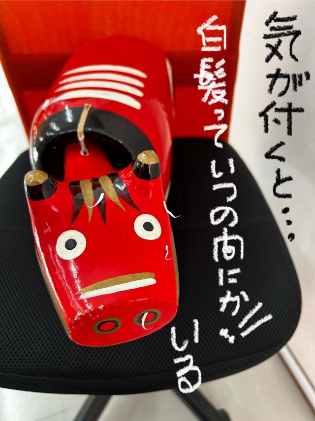 「赤べこ日記」

🤔🤔お年頃なのか…🫩
気がつくと
　こんなところに…
　　一本だけ😳
　剃り残した白髪！
ってよくある
それが何故だか、突然現れた様に😳
長いーーーー😅

#赤べこ #まる福 #白髪